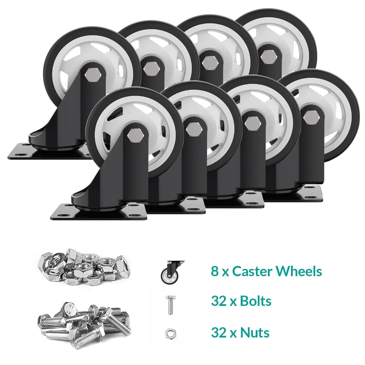 4 in Plate Casters Black without Brake (Set of 8)