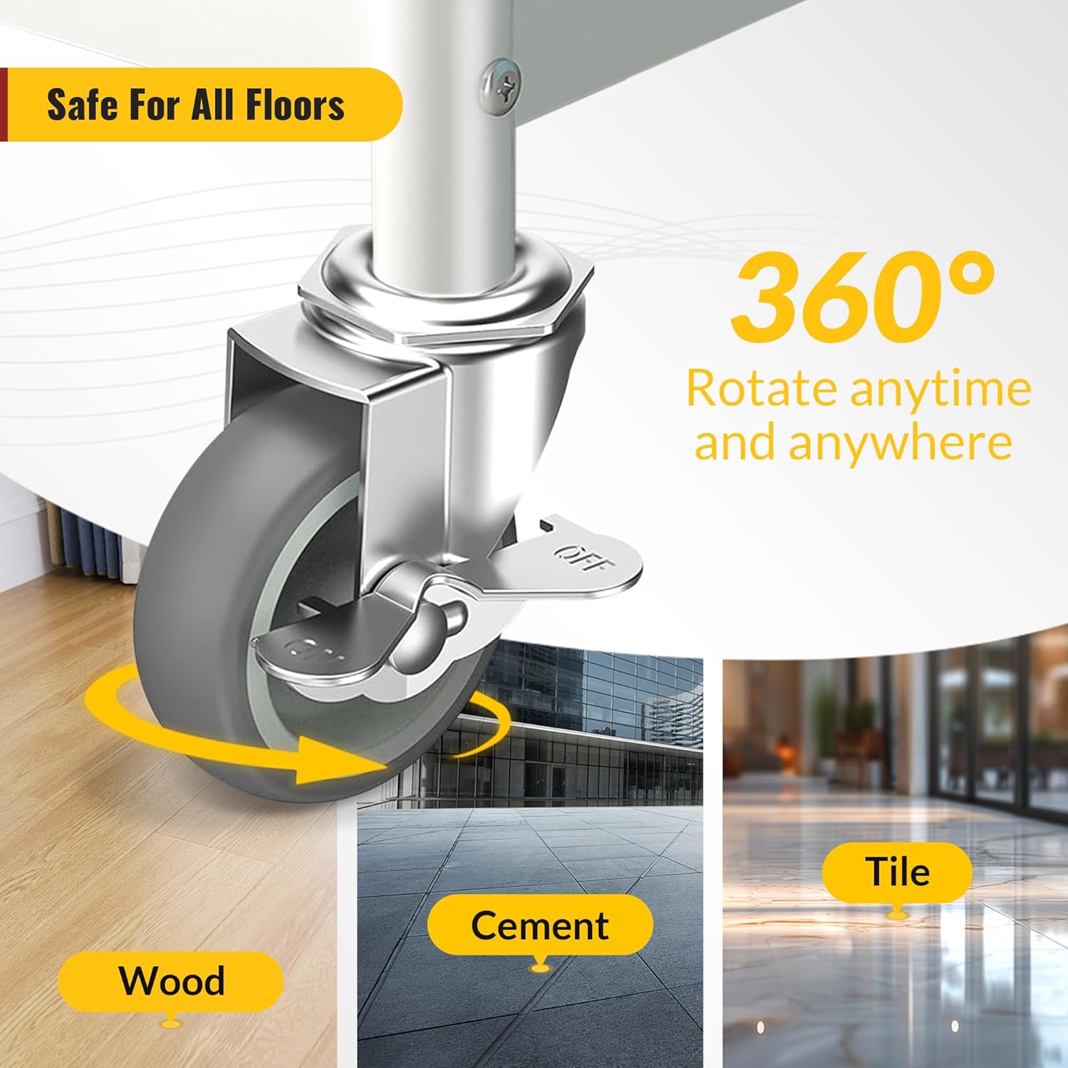 Holkie Grey stem caster with side brake smoothly across multiple floor types (hardwood, tile, cement) and rotate 360 degrees