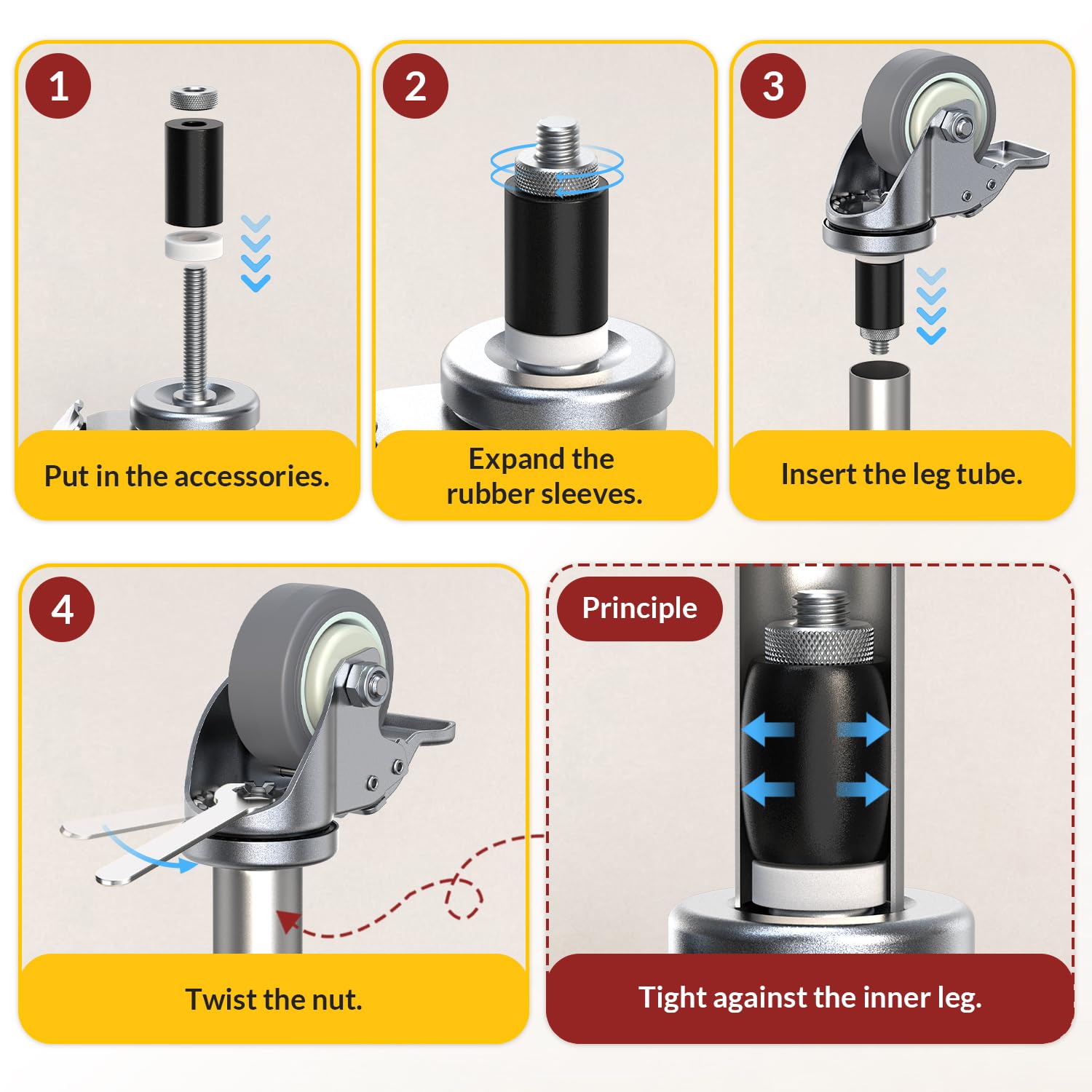 How to install adjustable expanding stem casters step by step