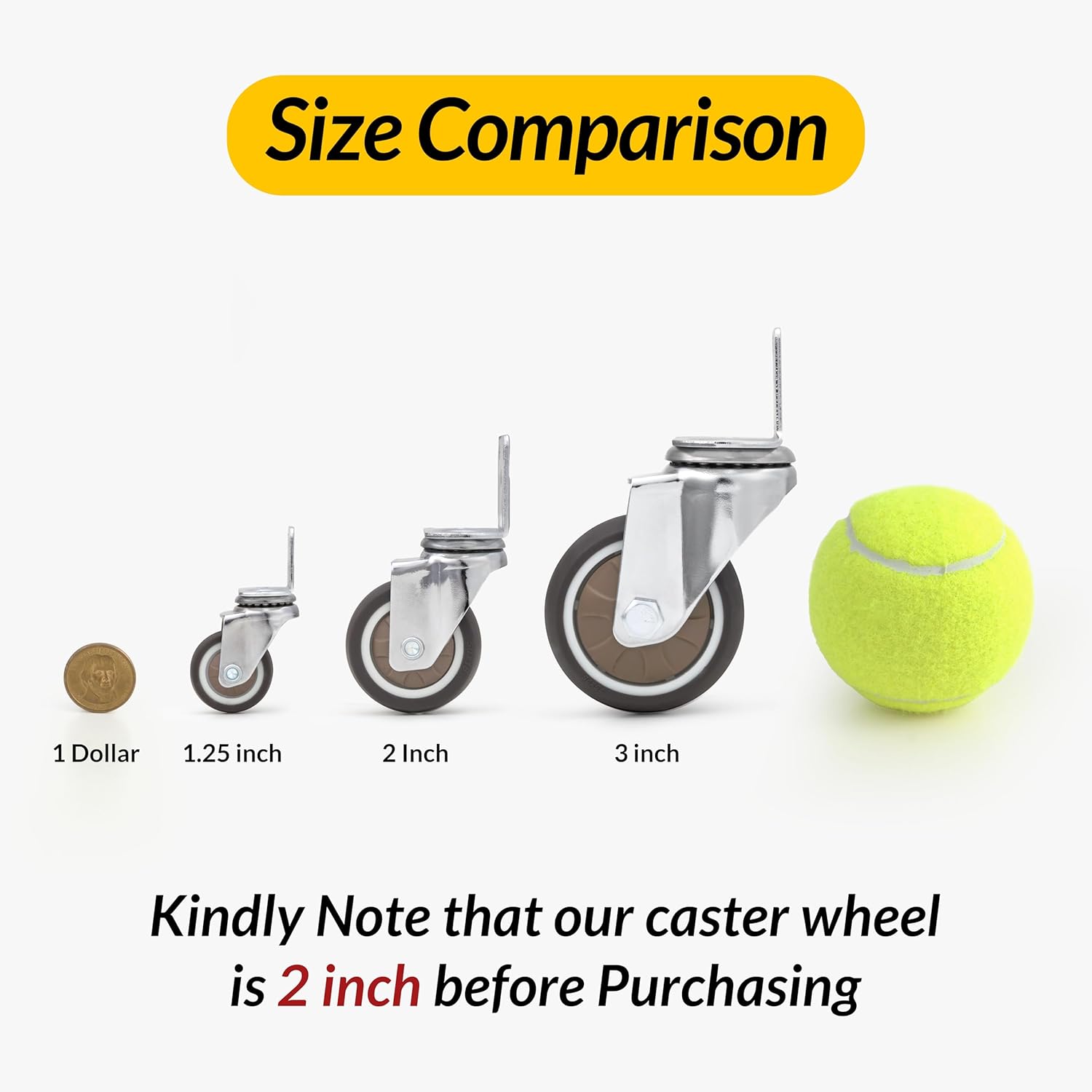 L-shaped caster size comparison with common household items