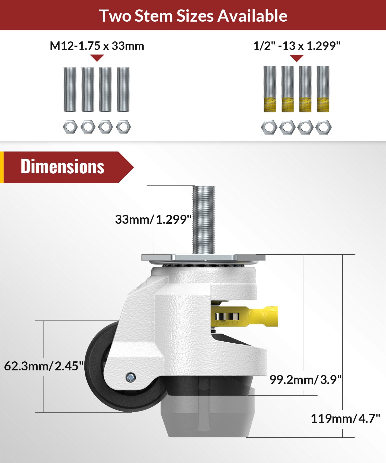 Leveling caster with stem TD80 detailed dimensions and size for installation - Holkie