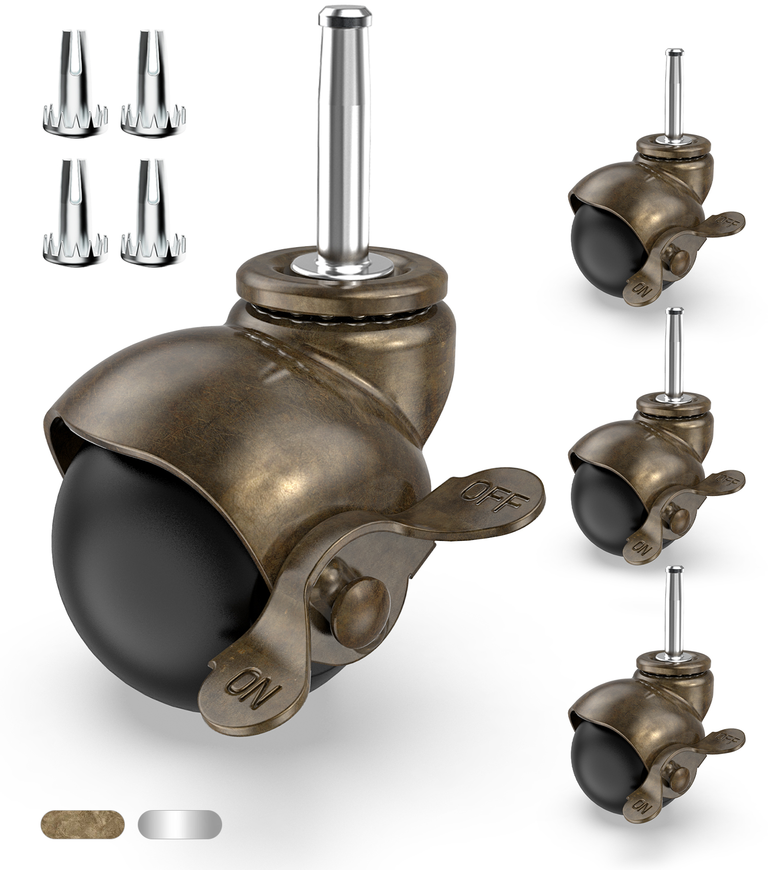 2 in Ball Stem Casters Brass with Brake Steam Threaded 1.5"X0.3"