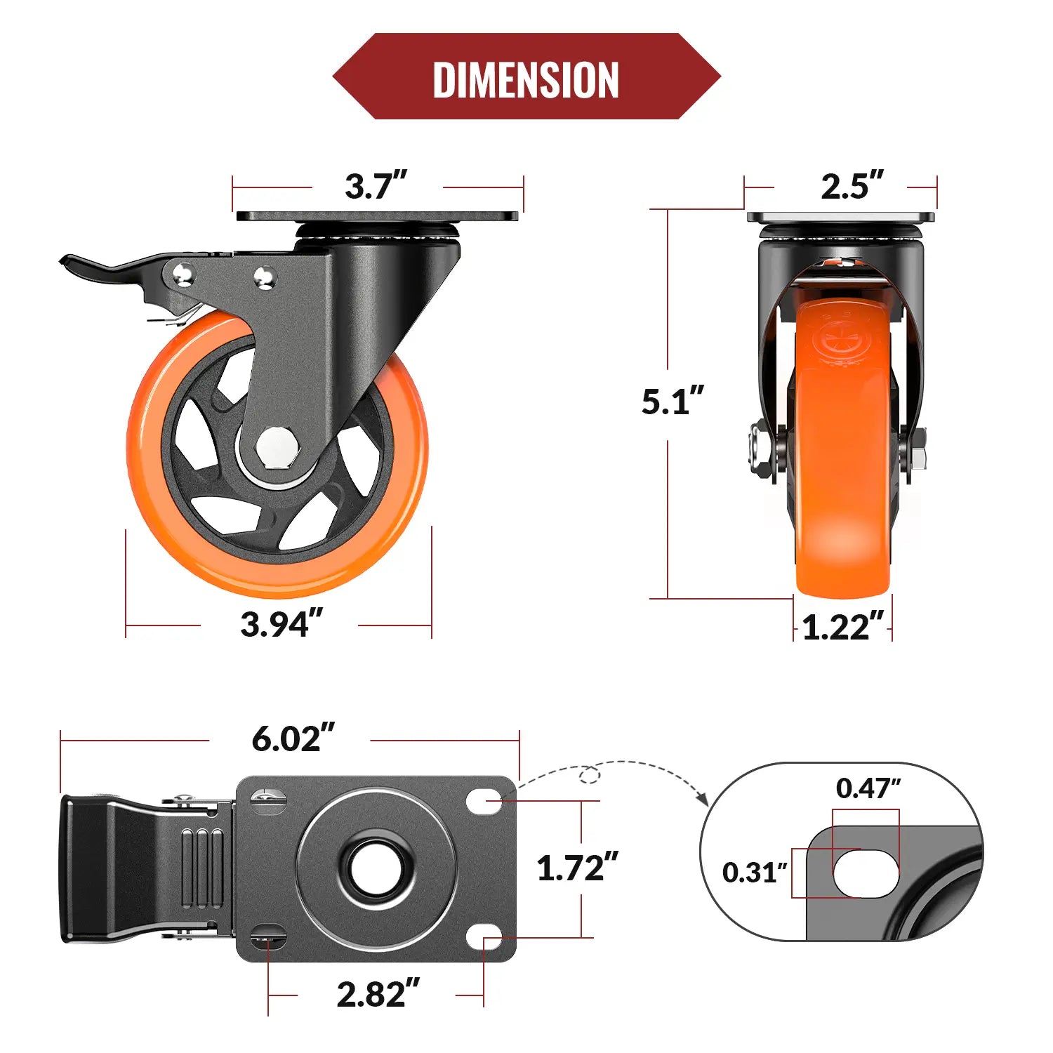 4 in Plate Casters Orange with Brake