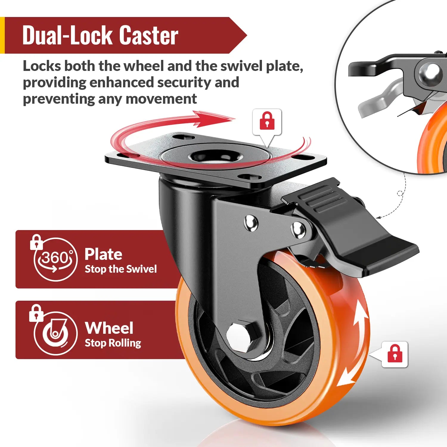 4 in Plate Casters Orange with Brake