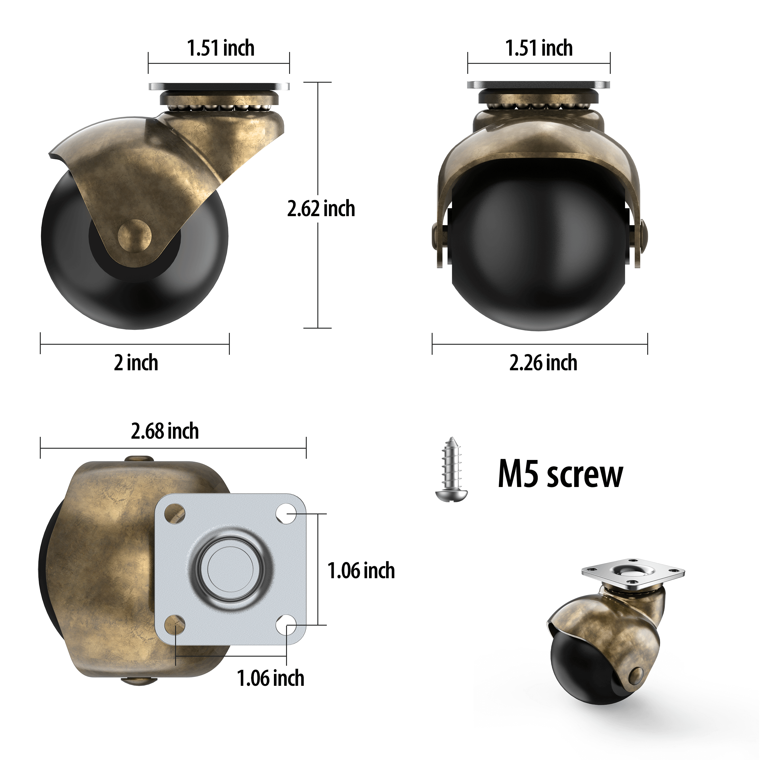 2 in Ball Plate Casters Brass without Brake