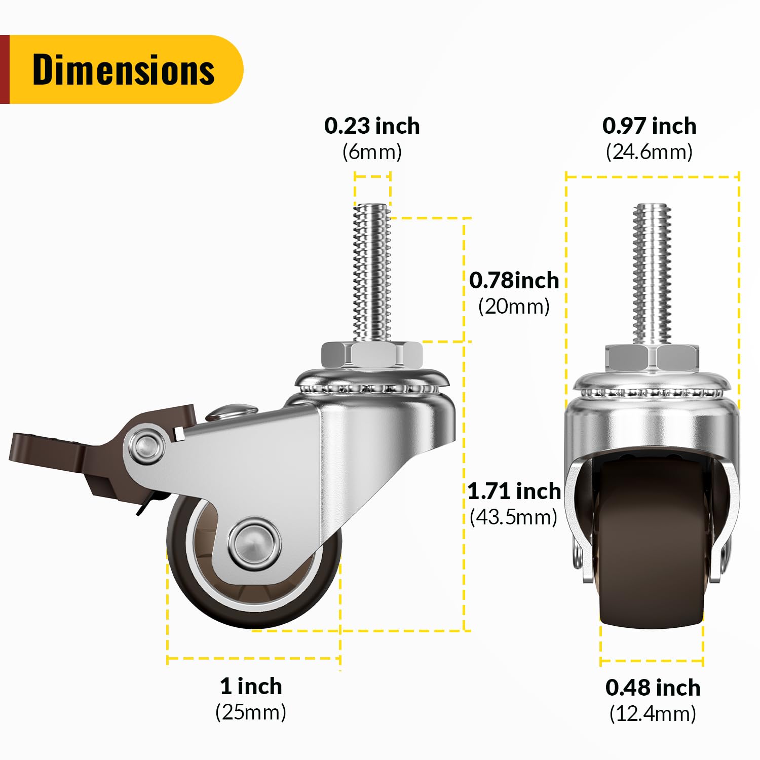 M6x1mm precision threaded stem (20mm length) total lock 1 inch caster - Holkie