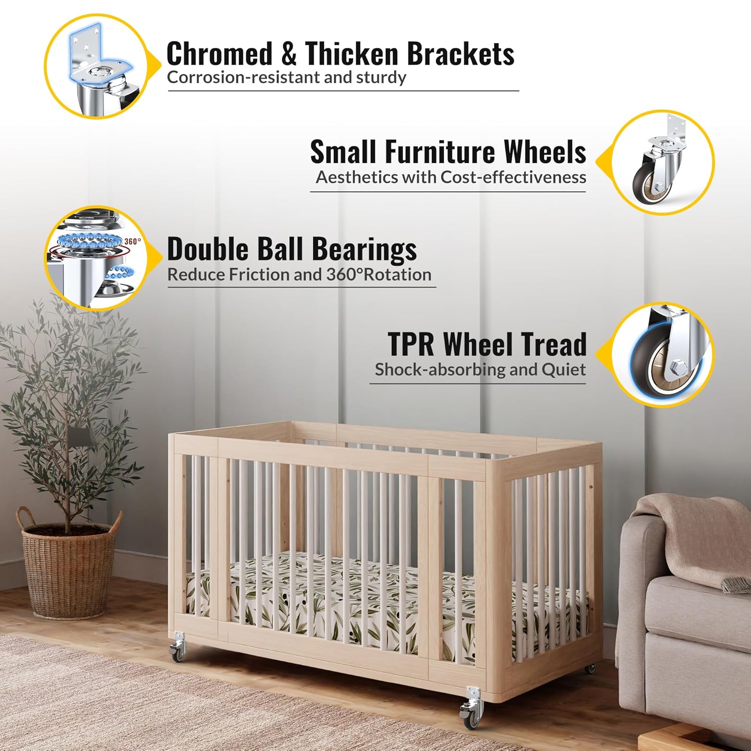 Wooden crib with Holkie 3in L-shaped casters wheels, features like chromed brackets and TPR wheel tread.