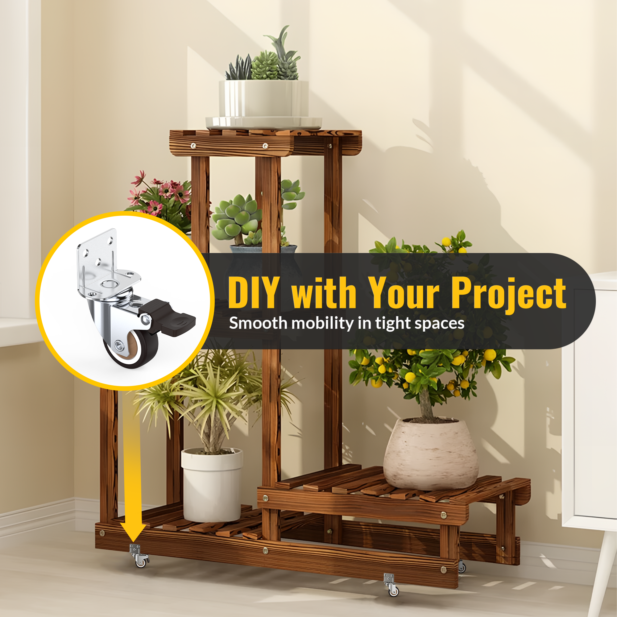 Wooden Rolling Plant Stand with 1.25 inch L-shaped casters installed. DIY with yours rolling cart- Holkie