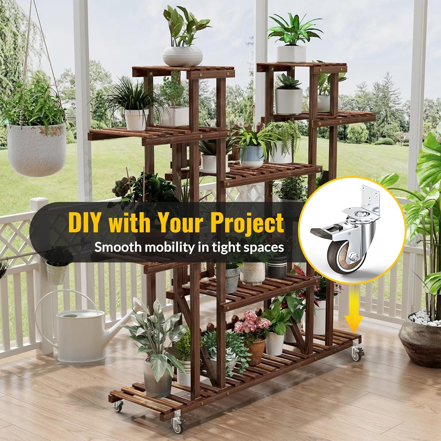 Wooden Rolling Plant Stand with 3 inch L-shaped casters installed. DIY with yours rolling cart- Holkie