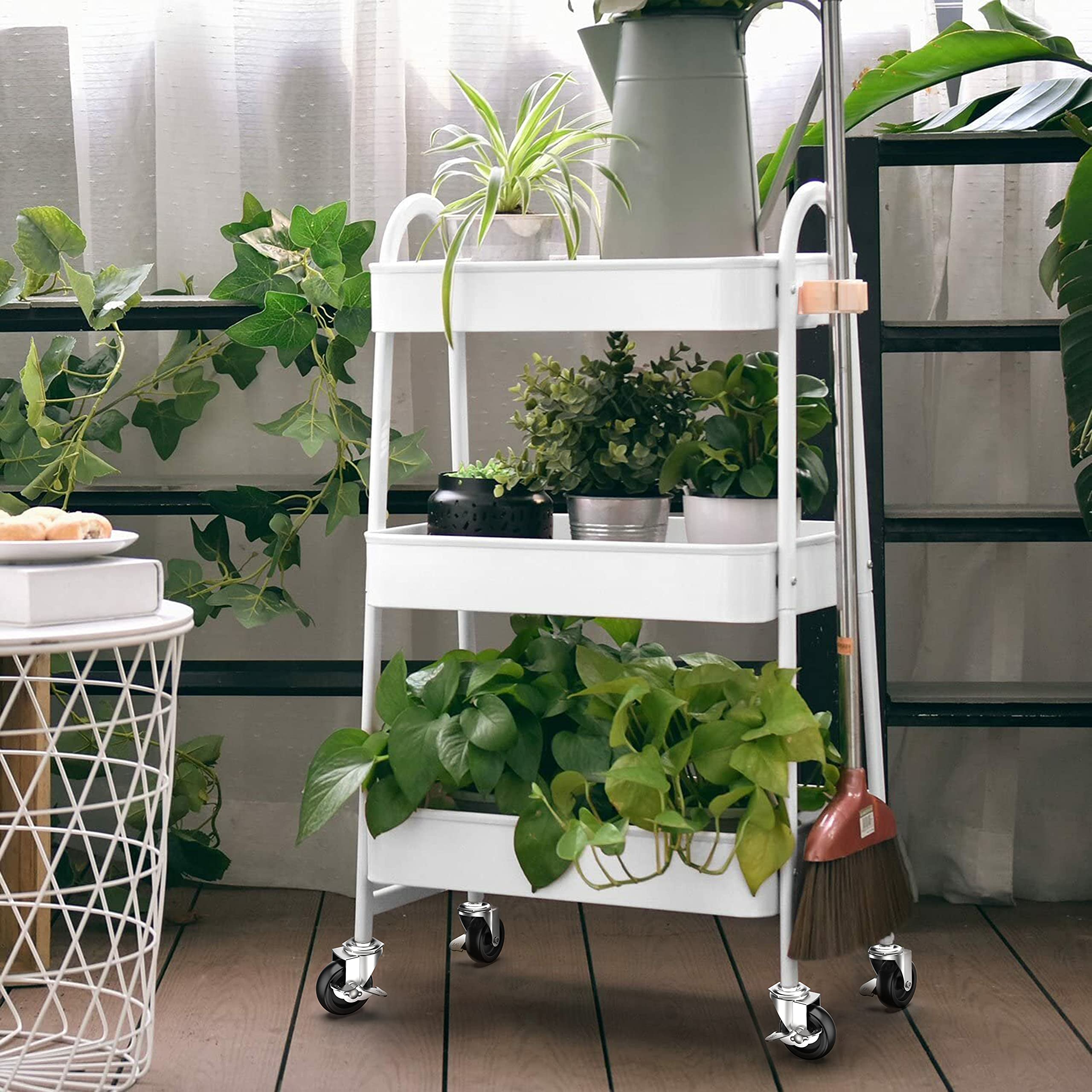 Rolling cart with plants on three tiers and Holkie stem casters, ideal for home or office storage