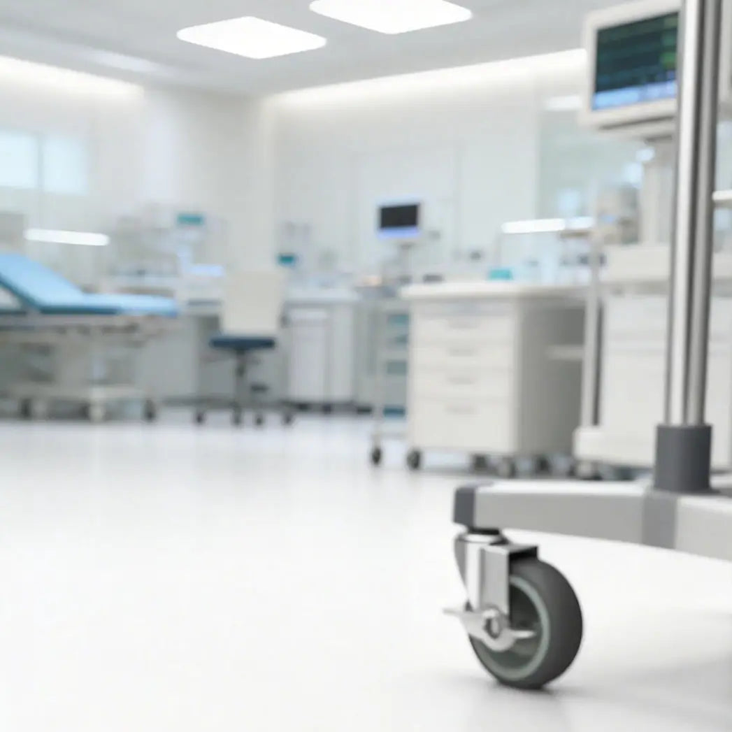3-inch M10 stem caster installed on a modern medical equipment cart