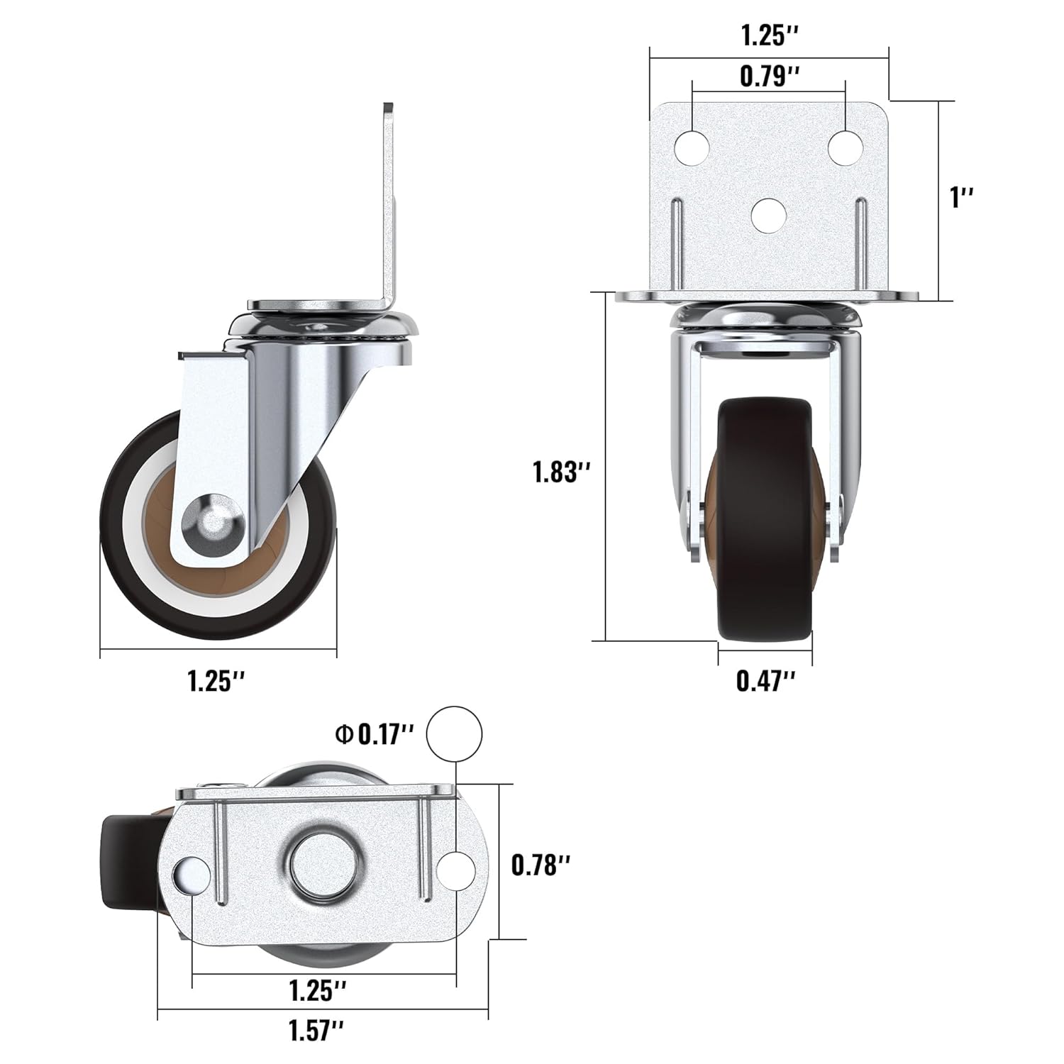 Dimensions of a 1.25in caster wheel with metal bracket