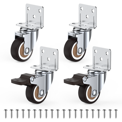 Set of four 1.25 inch L-shaped swivel caster wheels for furniture, two with brakes and two without, includes mounting screws