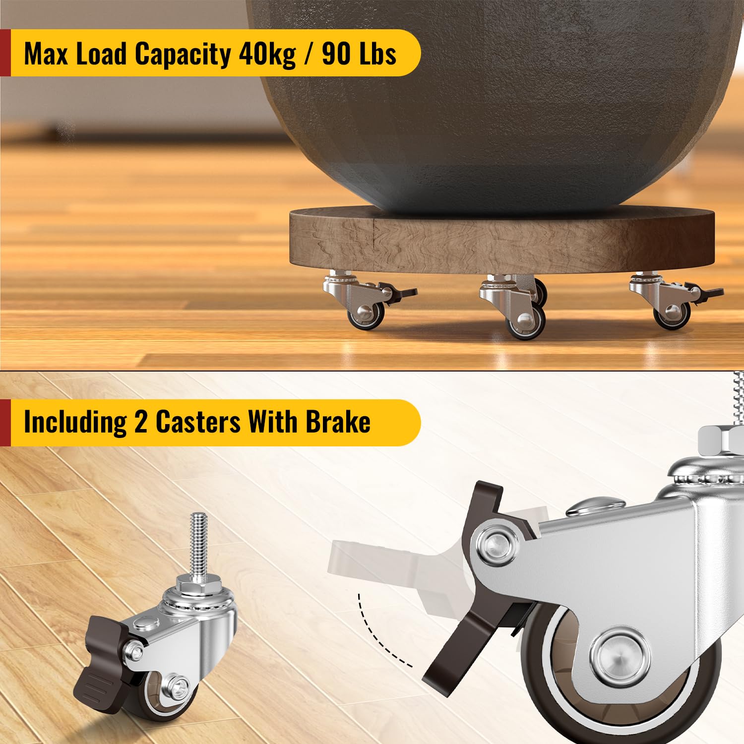1-inch stem casters (2 locked + 2 free) maintaining stability under 90lbs dynamic load