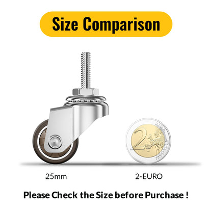 Size comparison between 1 inch stem caster and 2 euro