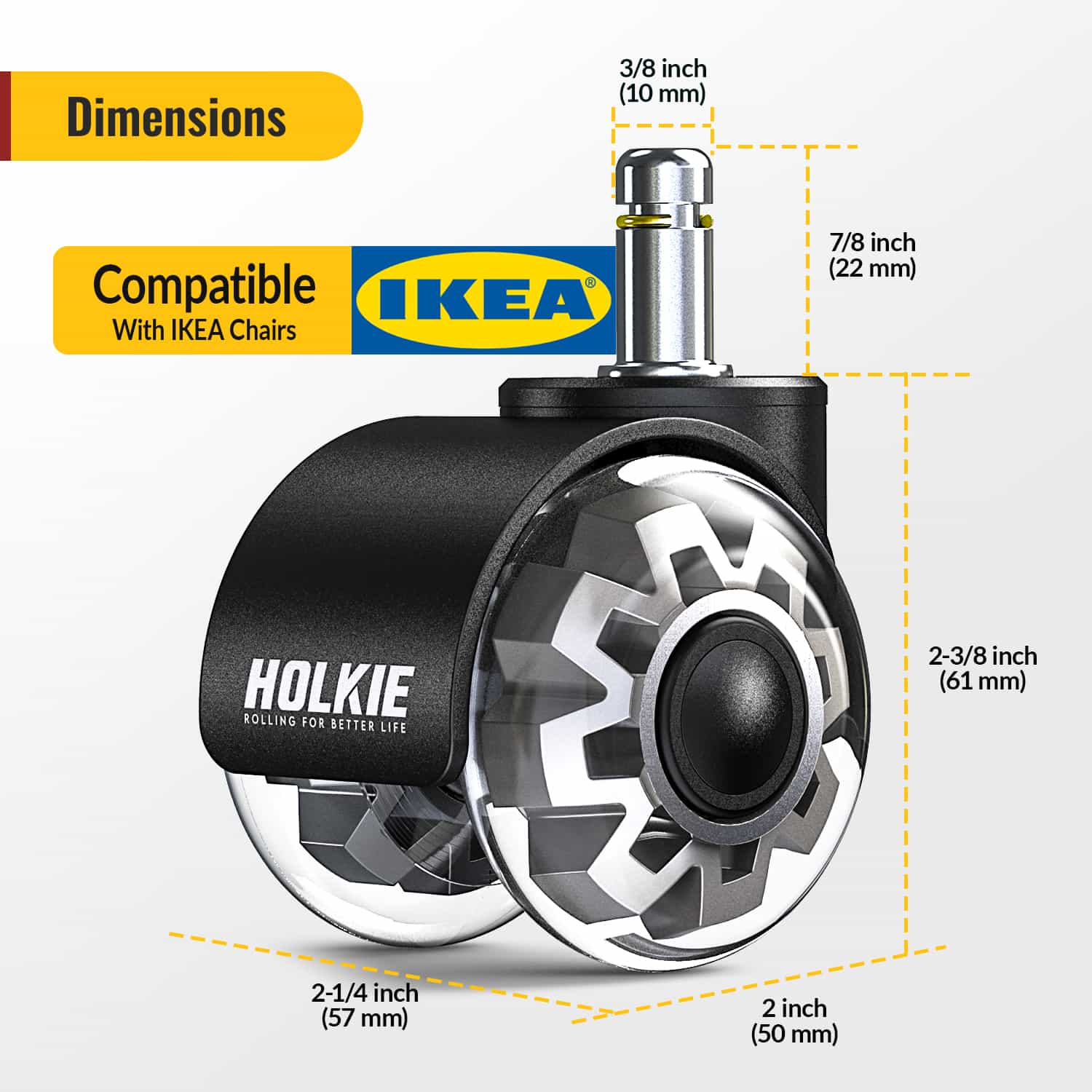 size of 10x22mm dual rubber office caster grey - Holkie
