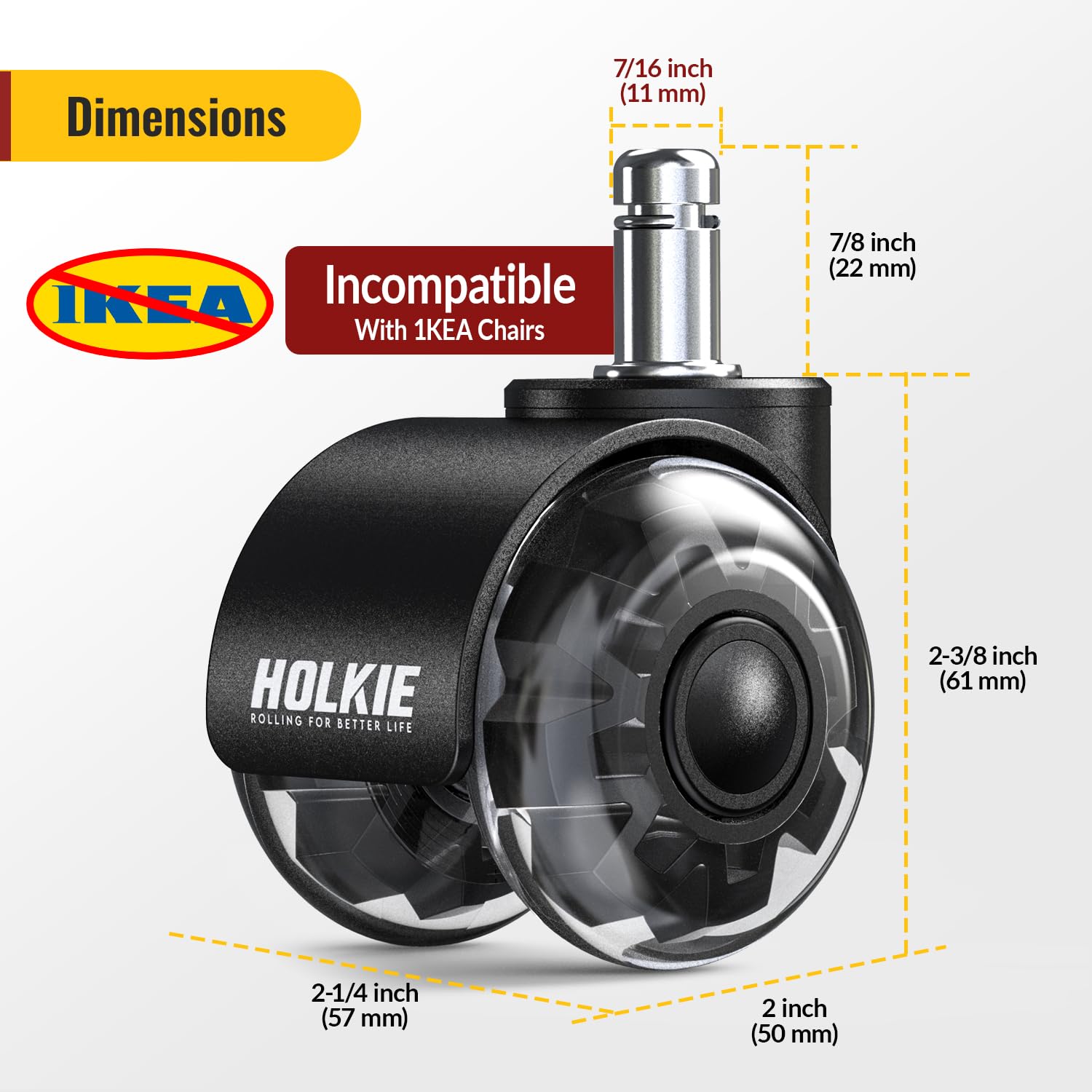 Black Office Chair Wheels Dual Rubber Casters 11x22mm (Set of 10)