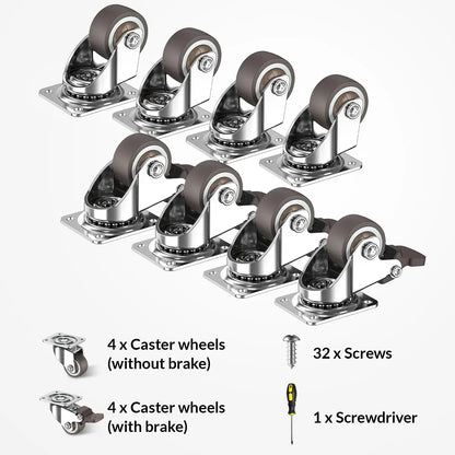 1 in Plate Casters Brown (4 Brakes & 4 No brakes) (Set of 8)