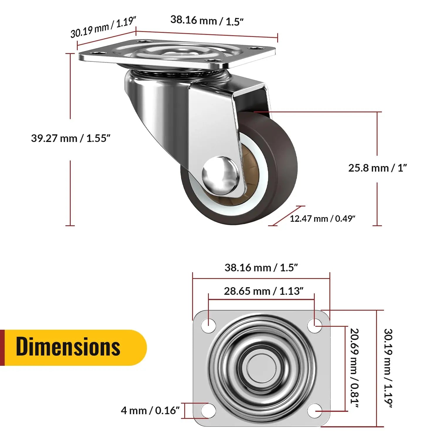 1 in Plate Casters Brown without Brake (Set of 8)