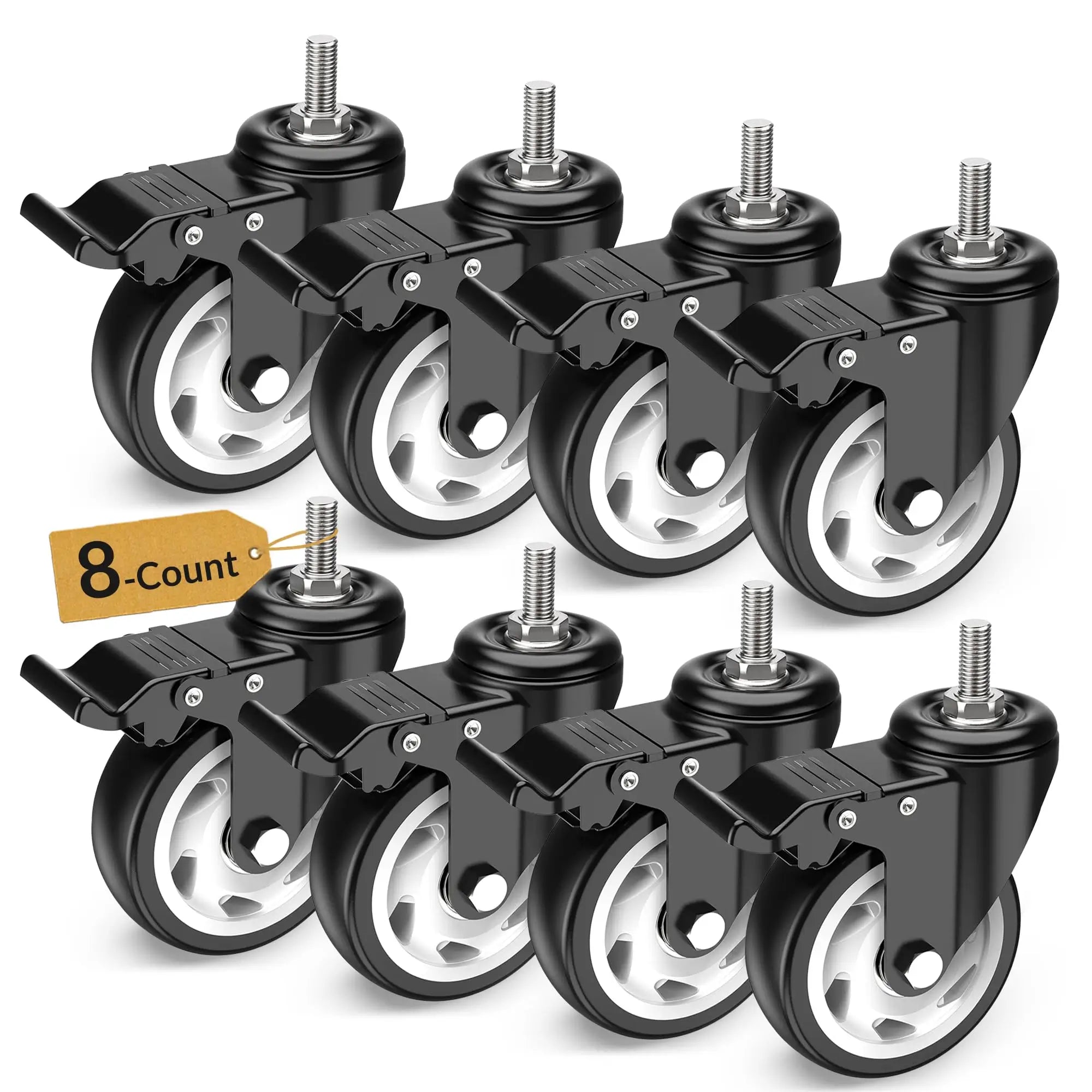 4 in Stem Casters Black Total Lock 3/8" -16 x 1" (Set of 8)