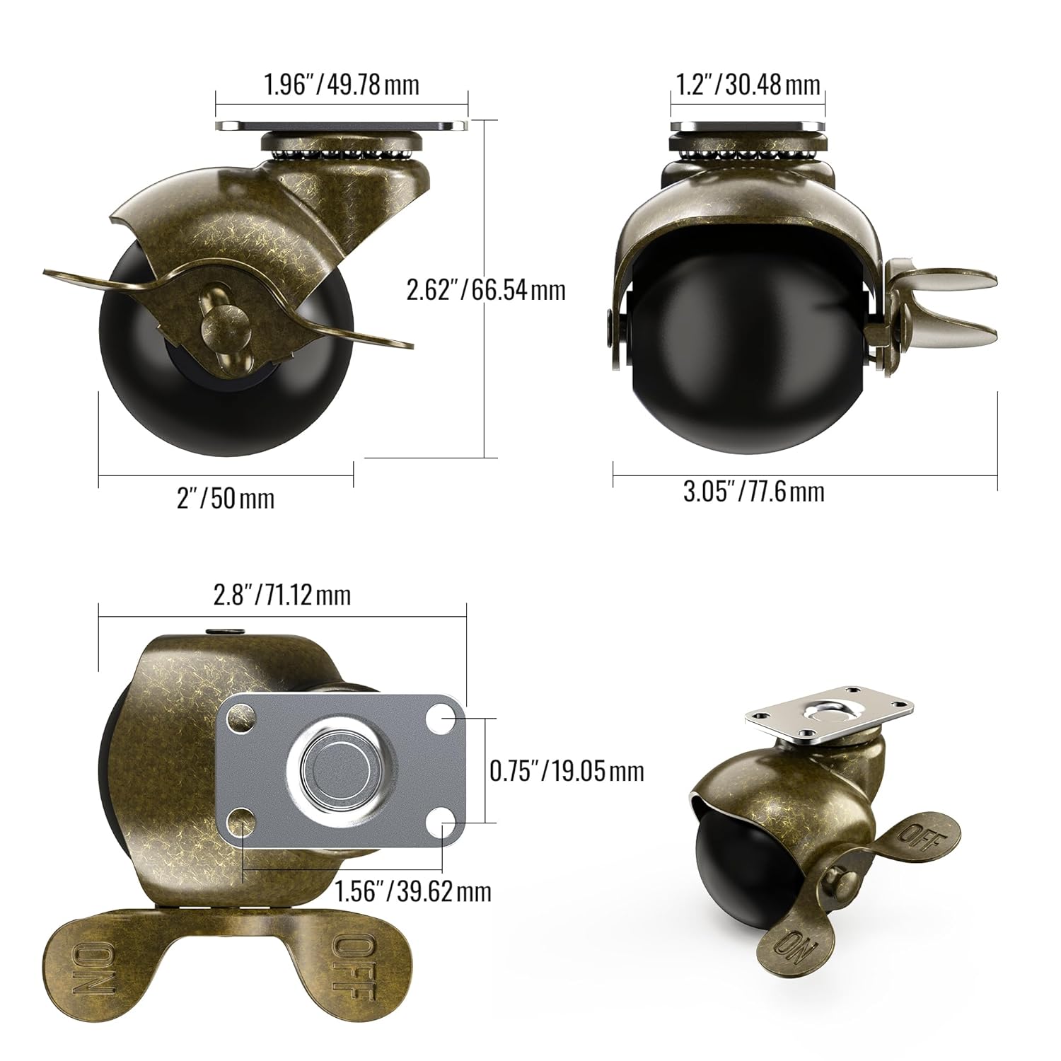 2-inch antique brass ball castors - vintage style with braking dimension - Holkie