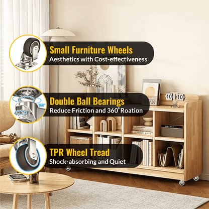 Wooden shelf with small 2 inch furniture wheels in a living room setting - Holkie