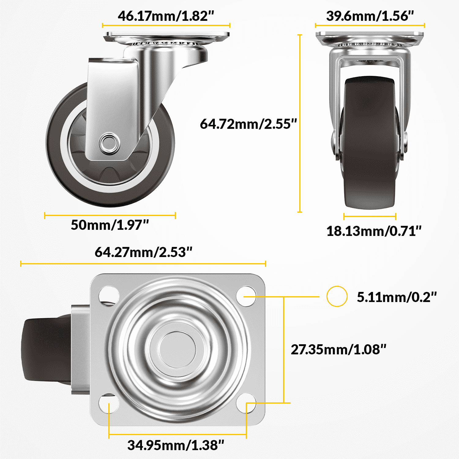 2-inch plate casters combo brown with brake dimension