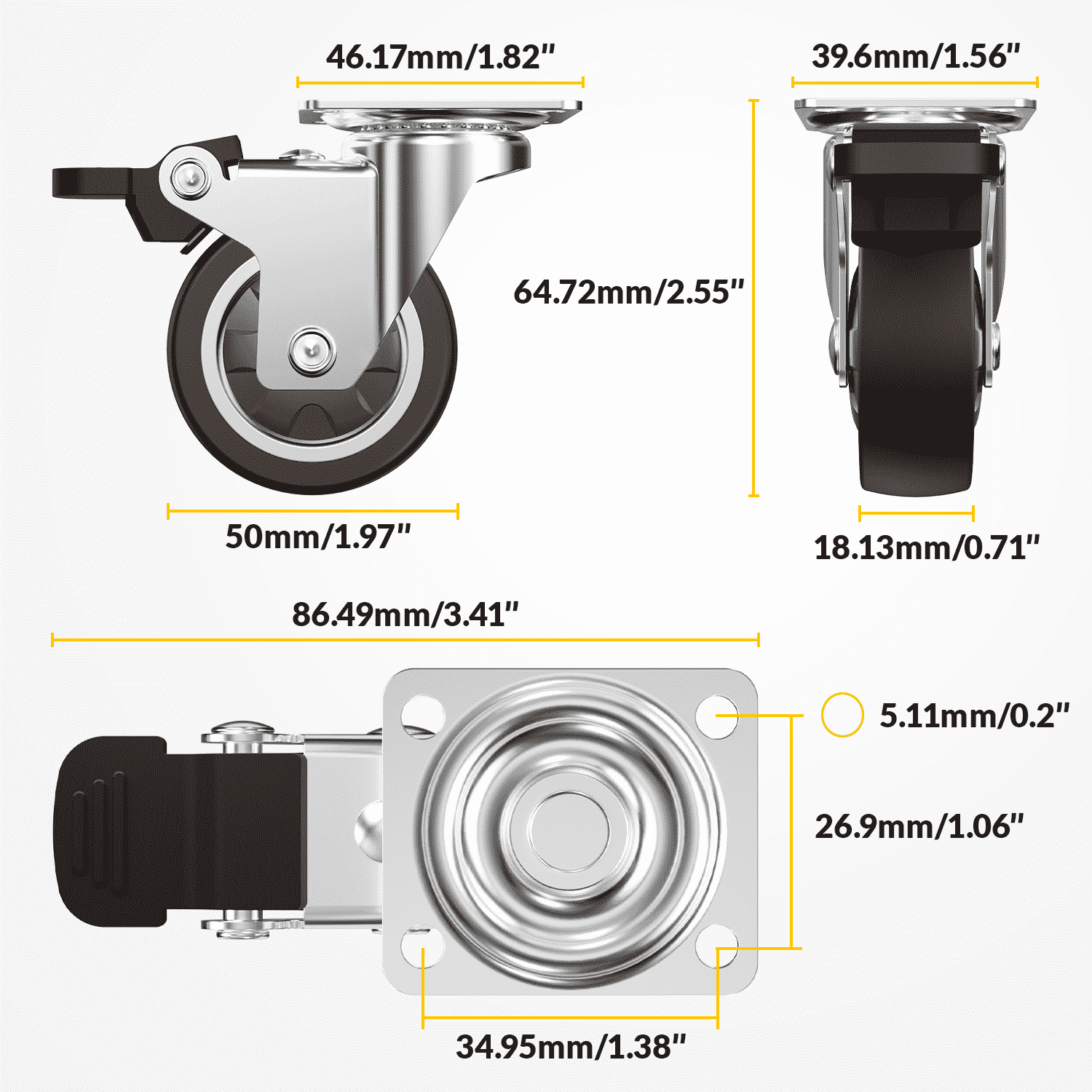 2-inch plate caster combo brown with brake dimensions