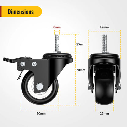 2 in Stem Casters Black Total Lock M8 x 25mm