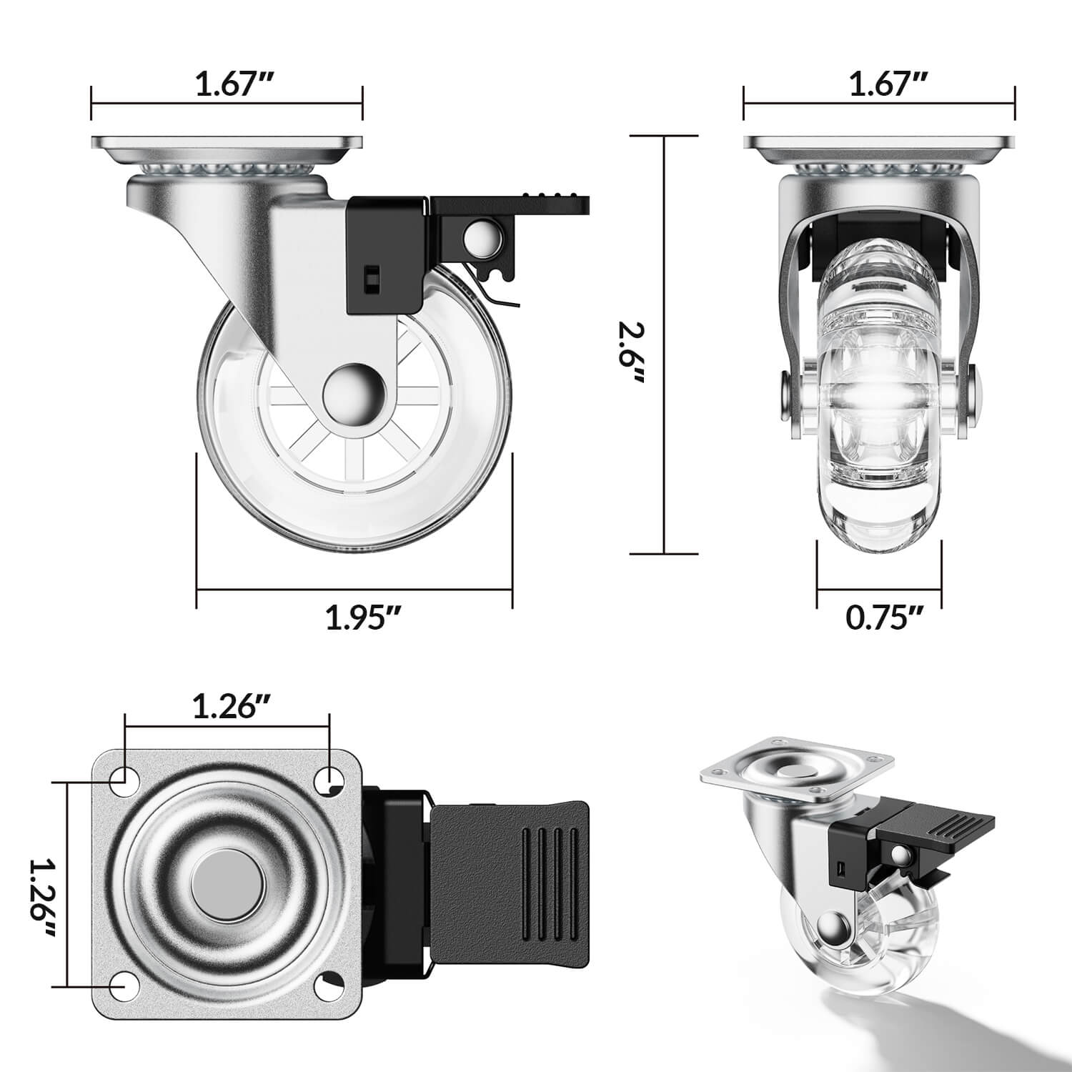 2 in Clear Furniture Plate Casters with Brake