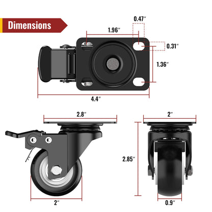 2 in Plate Casters Black with Brake