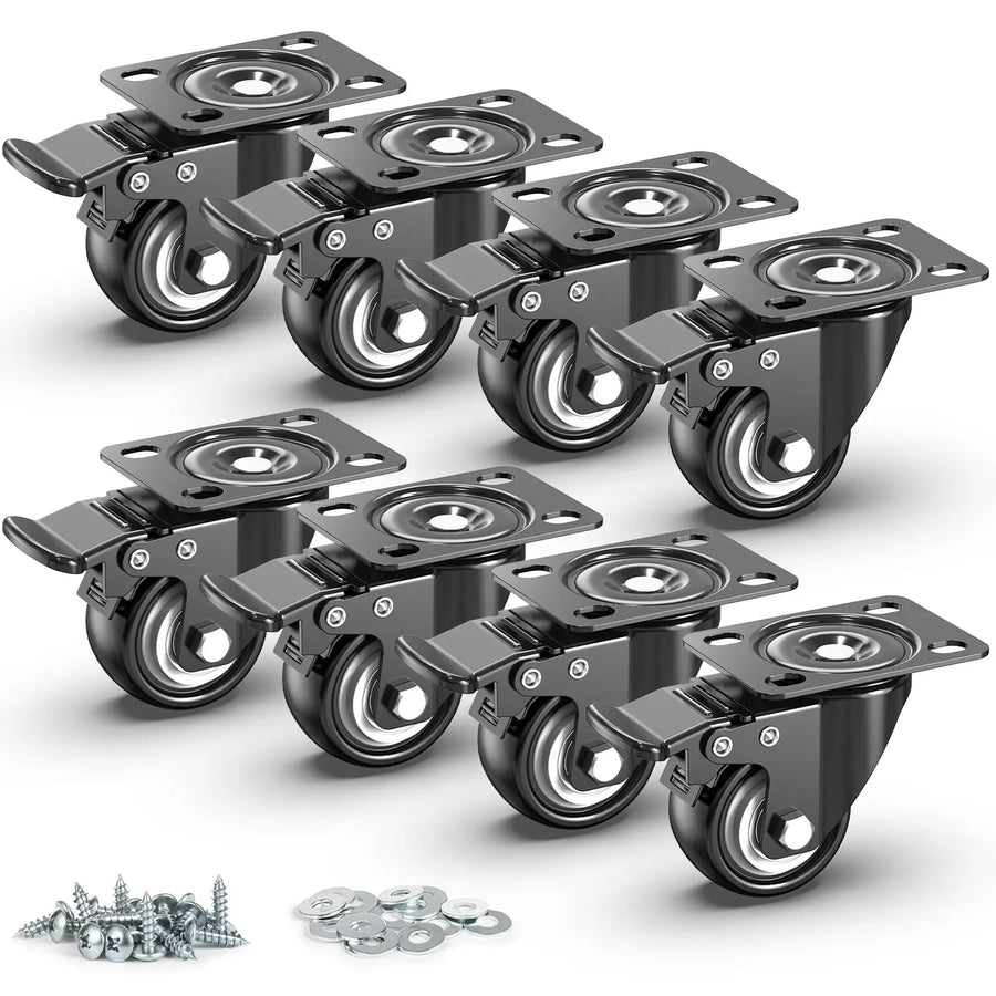 2 in Plate Casters Black with Brake (Set of 8)