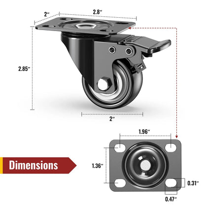 2 in Plate Casters Black with Brake (Set of 8)