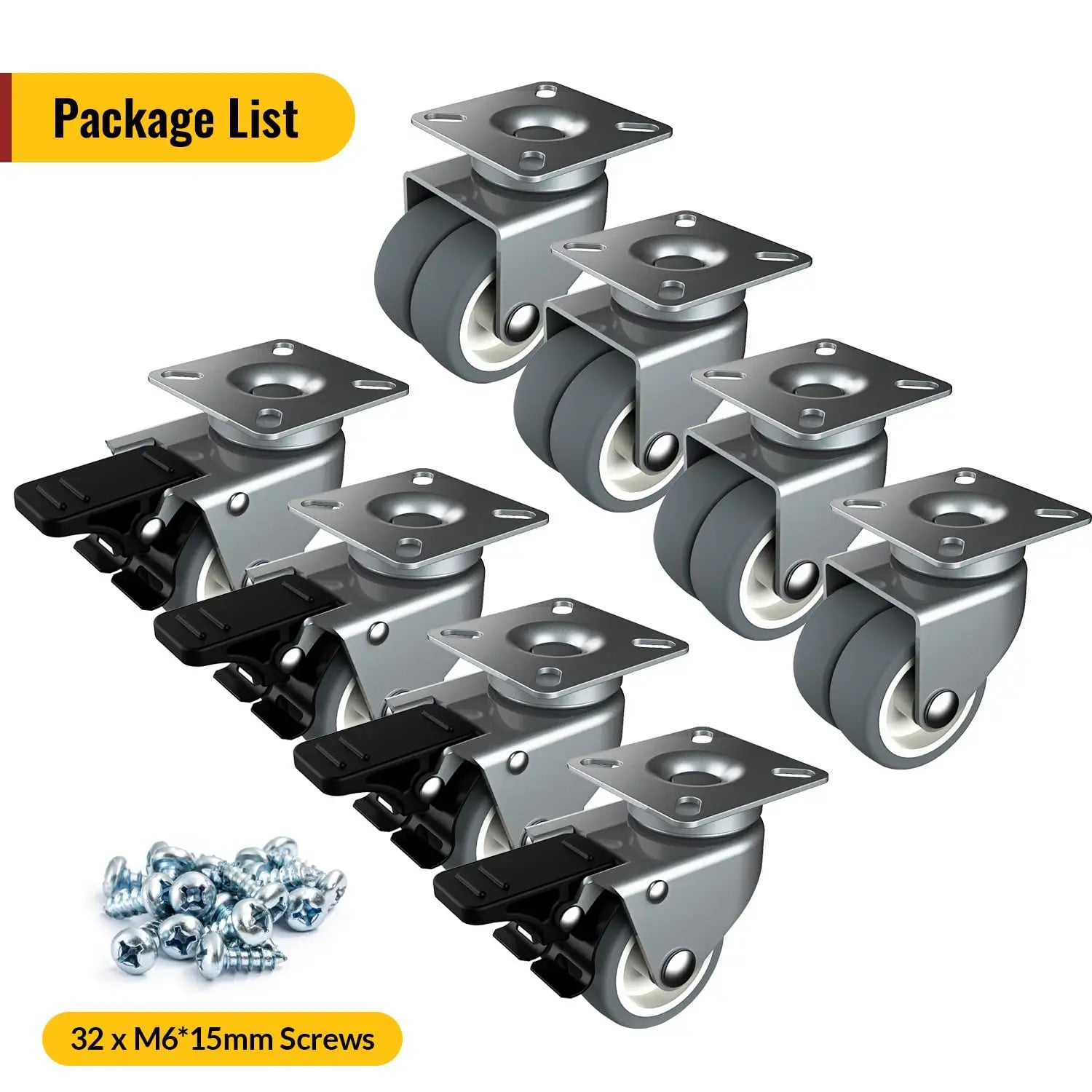 2 in Double Plate Casters Grey (2 Brake & 2 No Brake)