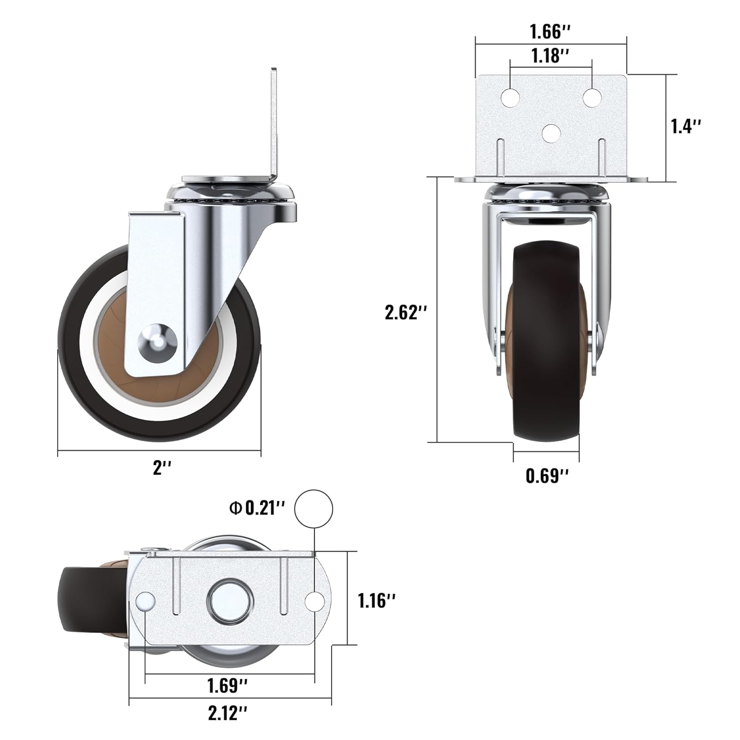Dimensions of a 2in caster wheel with metal bracket