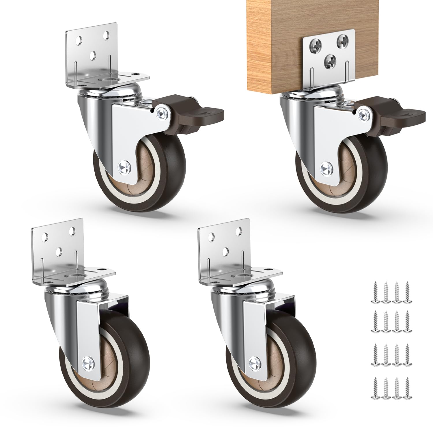 Set of four 2 inch L-shaped swivel caster wheels for furniture, two with brakes and two without, includes mounting screws