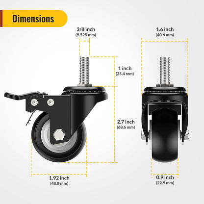 2 in Stem Casters Black Total Lock 3/8" -16 x 1"
