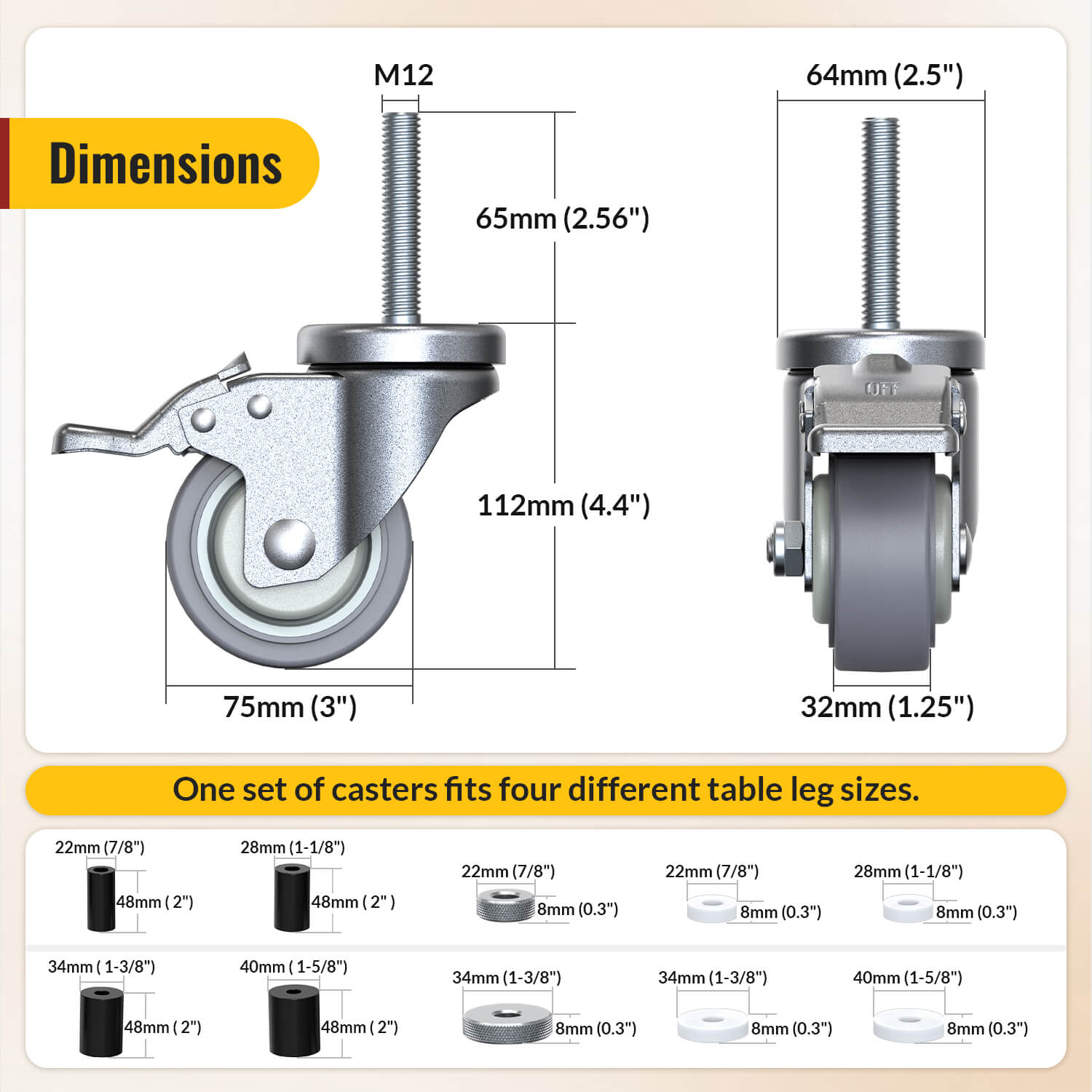 Dimensions of 3-inch adjustable expanding stem caster wheel with total brake