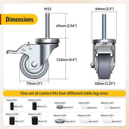 Dimensions of 3-inch adjustable expanding stem caster wheel with total brake