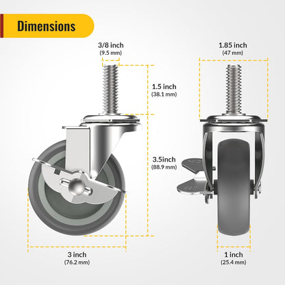 Gray Stem caster dimension showings: 3 inch wheel diameter, 1.5" stem length, and side brake lever position - Holkie