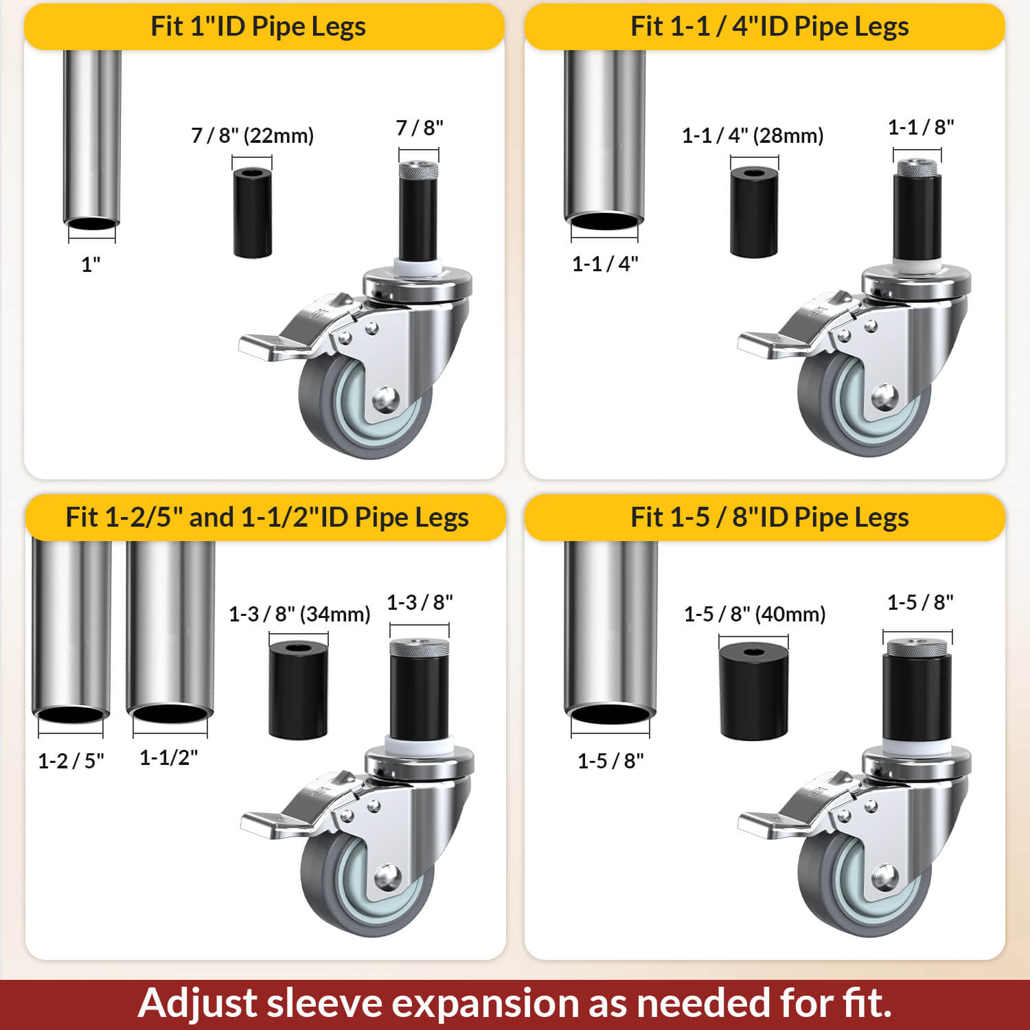 3-inch Caster wheels with total lock for different pipe leg sizes: 1-inch, 1-1/4-inch, 1-2/5-inch, and 1-5/8-inch pipe legs with adjustable fit - Holkie