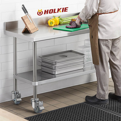 Rolling stainless steel kitchen utility cart with Holkie 3-inch expanding stem casters, easy mobility