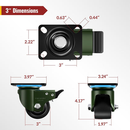 Dimension of 3-inch low center of gravity caster with brake - Holkie USA