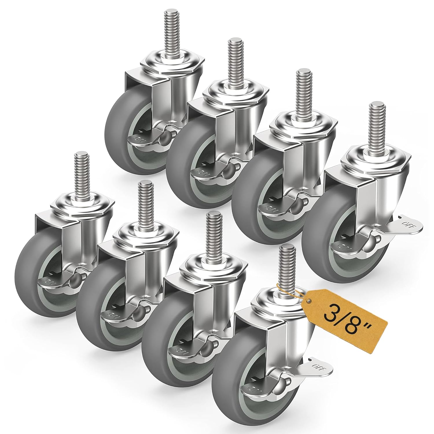 3-inch 8 pack grey industrial stem casters with side brake - 3/8"-16 x 1-1/2" threaded stem for equipment - 600lb capacity - Holkie