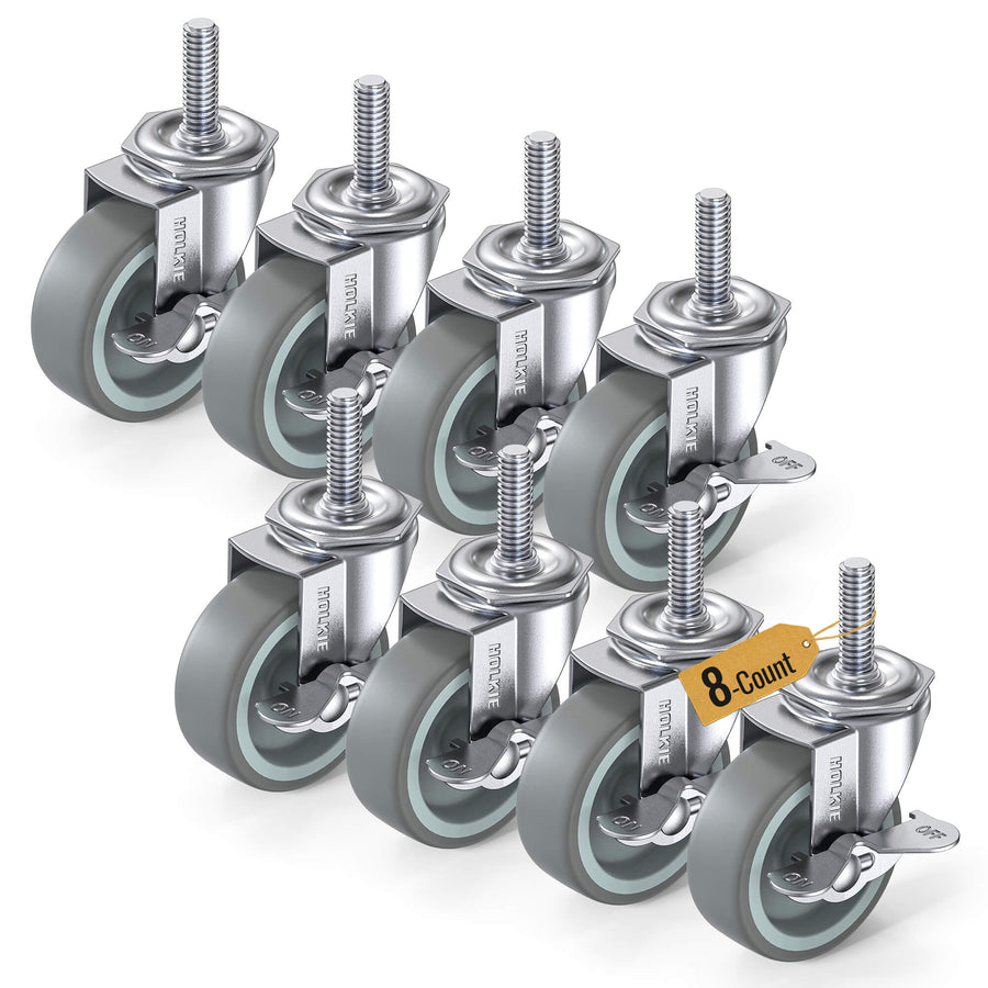 3-inch 8 pack grey industrial stem casters with side brake - 3/8"-16 x 1-1/2" threaded stem for equipment - 600lb capacity - Holkie