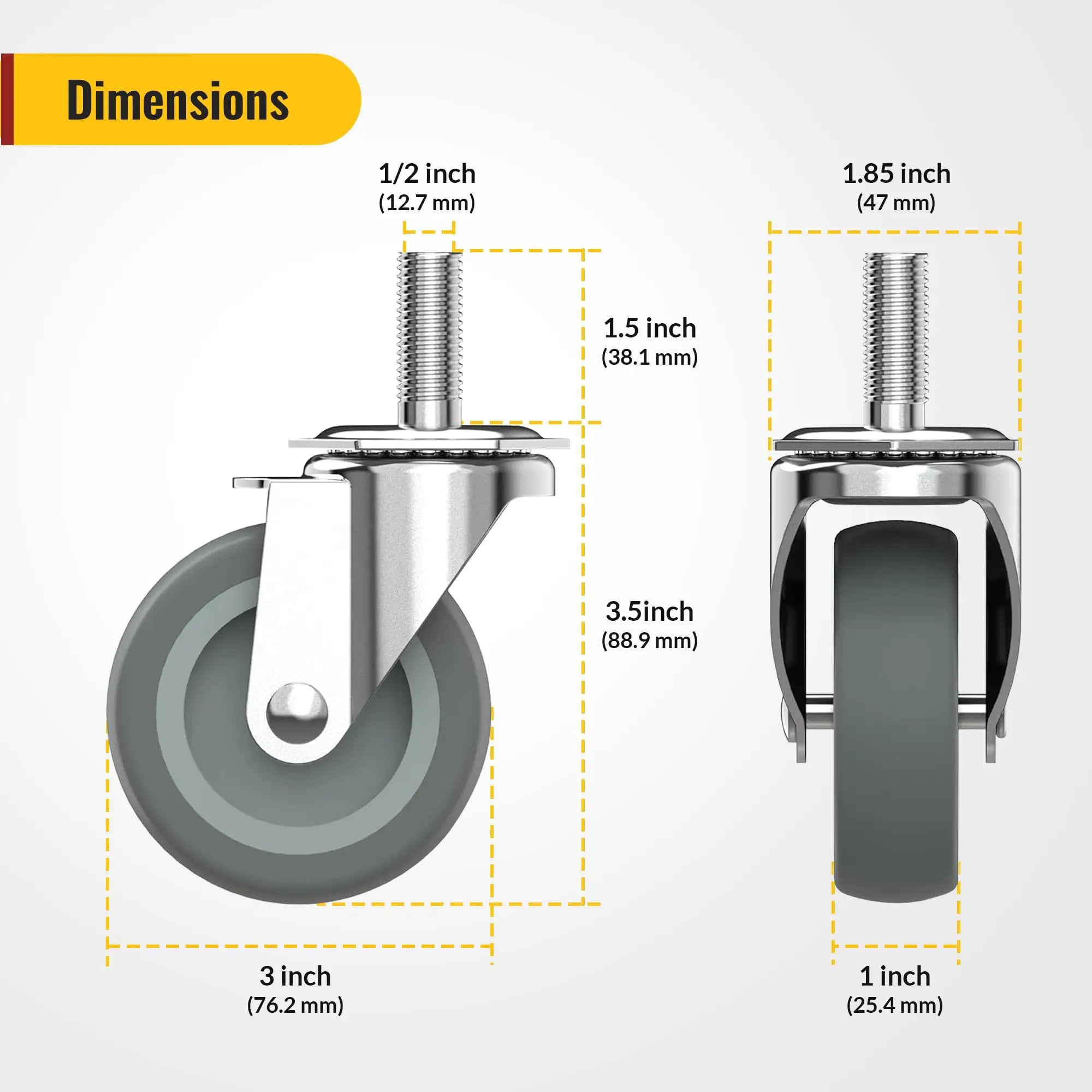 Stem caster dimensions showings 3 inch wheel diameter, 1/2" stem width, 1.5" stem length, and no brake lever position, gray