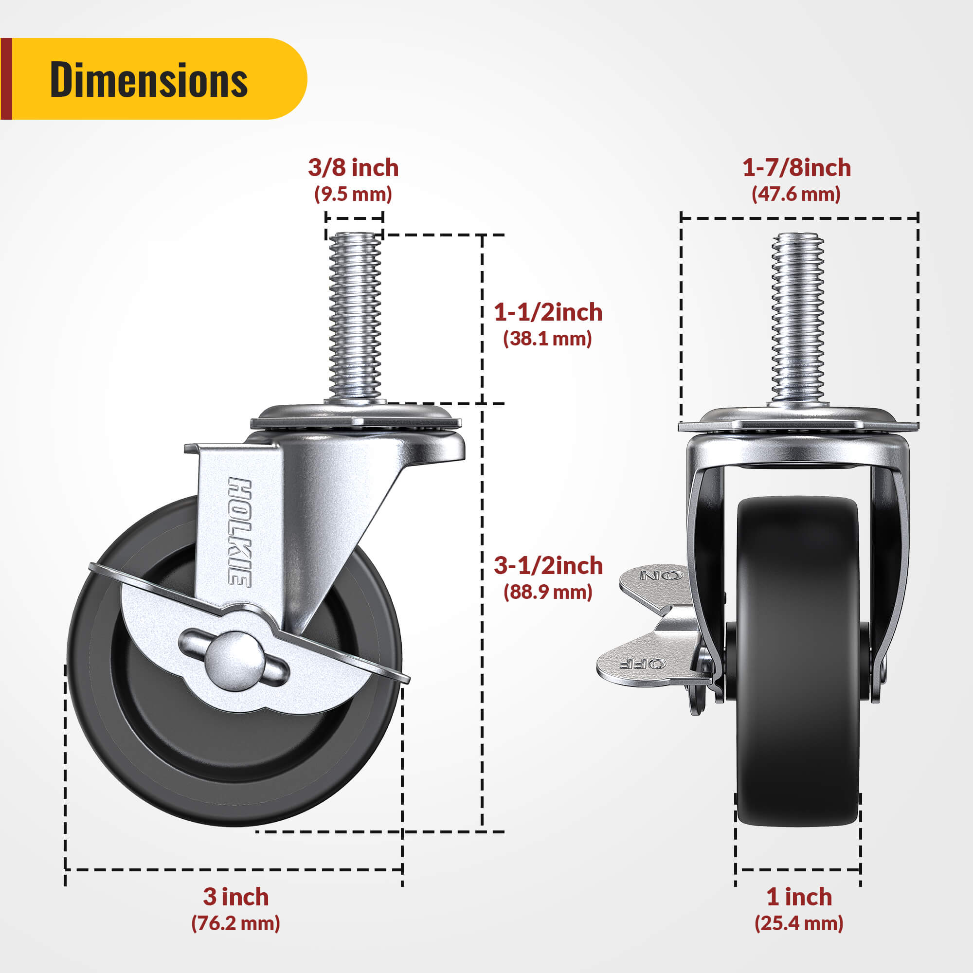 Stem caster dimensions showings 3 inch wheel diameter, 1.5" stem length, and side brake lever position