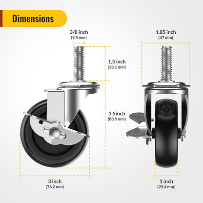 8-Pack Special Offer | Bulk Discount Casters, 3-inch stem caster showing: 76.2mm wheel diameter, 1.5" stem length, and side brake lever position