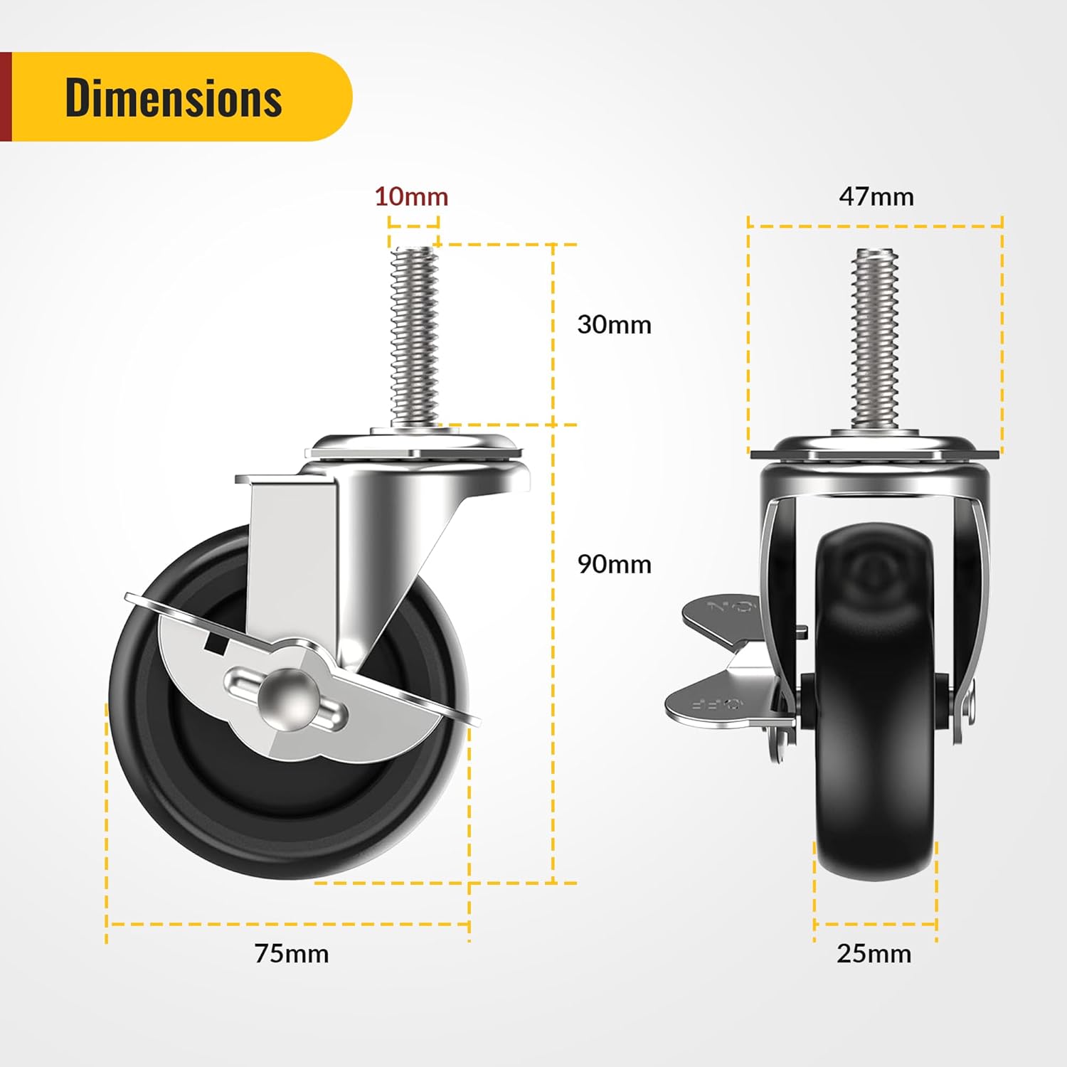 Stem caster dimensions showings 3 inch wheel diameter, 10 mm stem width, 30 mm stem length, and side brake lever position