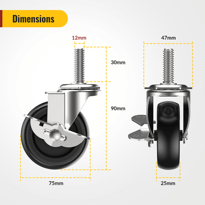 3 in Stem Casters Black Side Brake  M12 x 1.75 x 30mm
